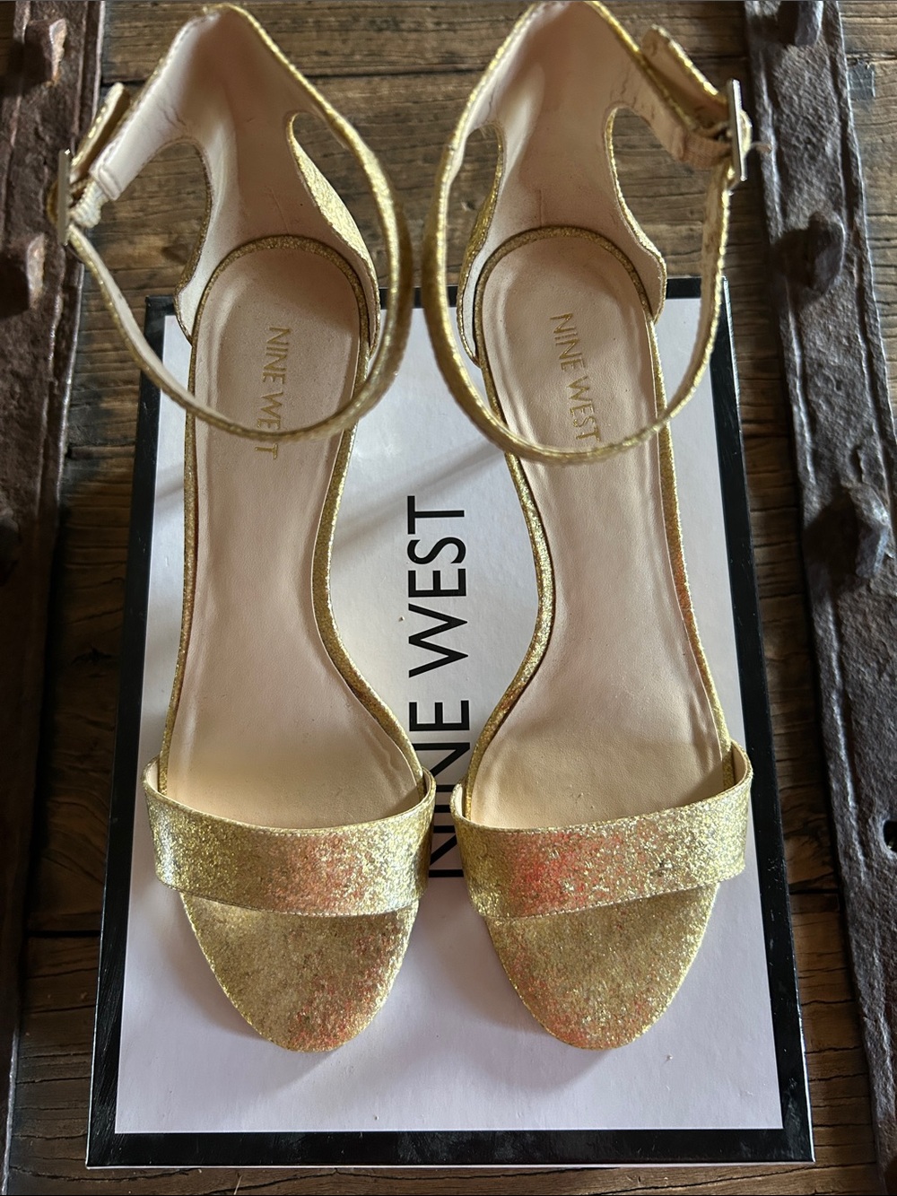Nine West Glitter Gold Ankle Strap Kitten Heels - Picture 6 of 10